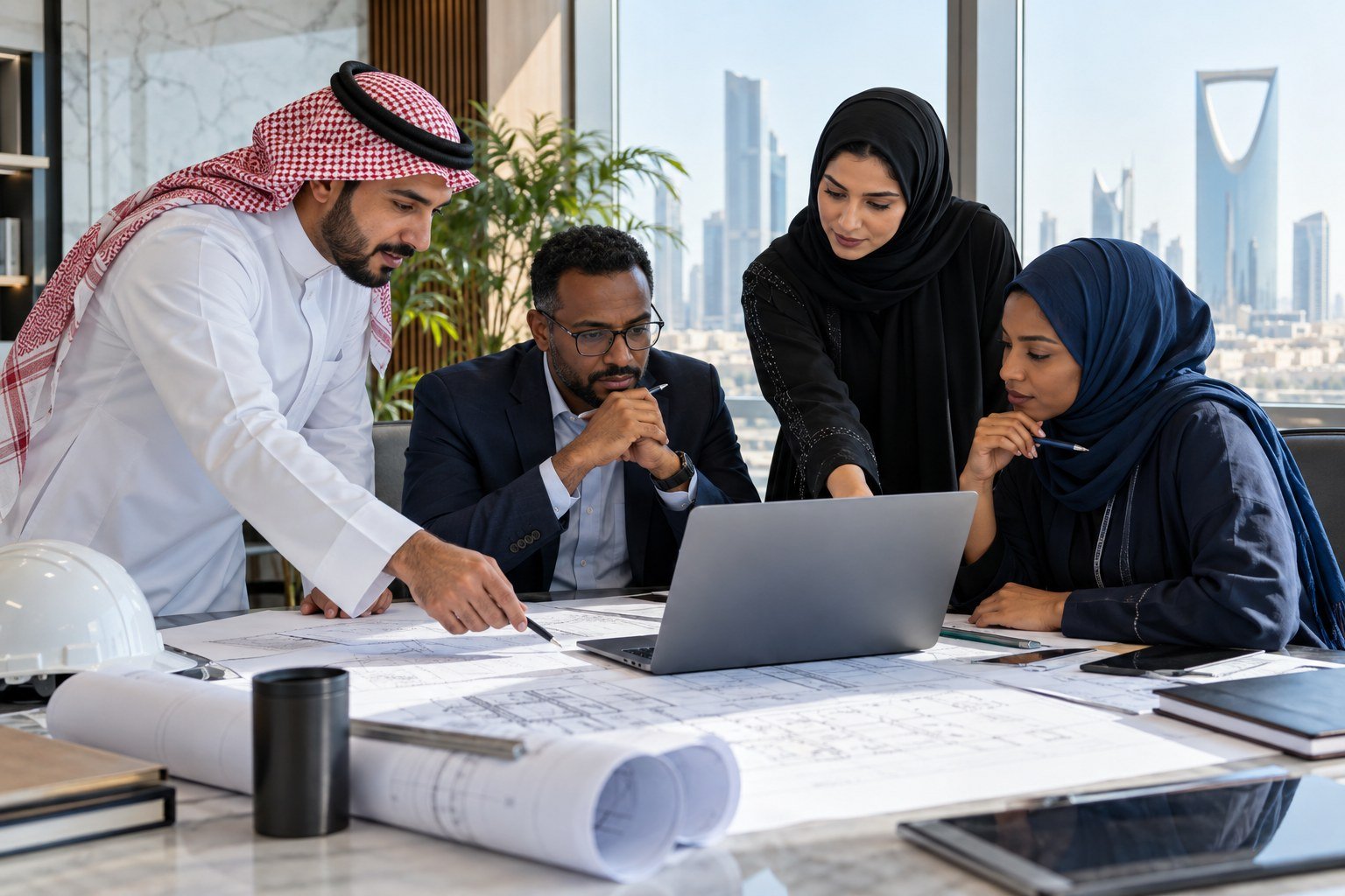 About Project managers and engineers collaborating around plans in a modern office