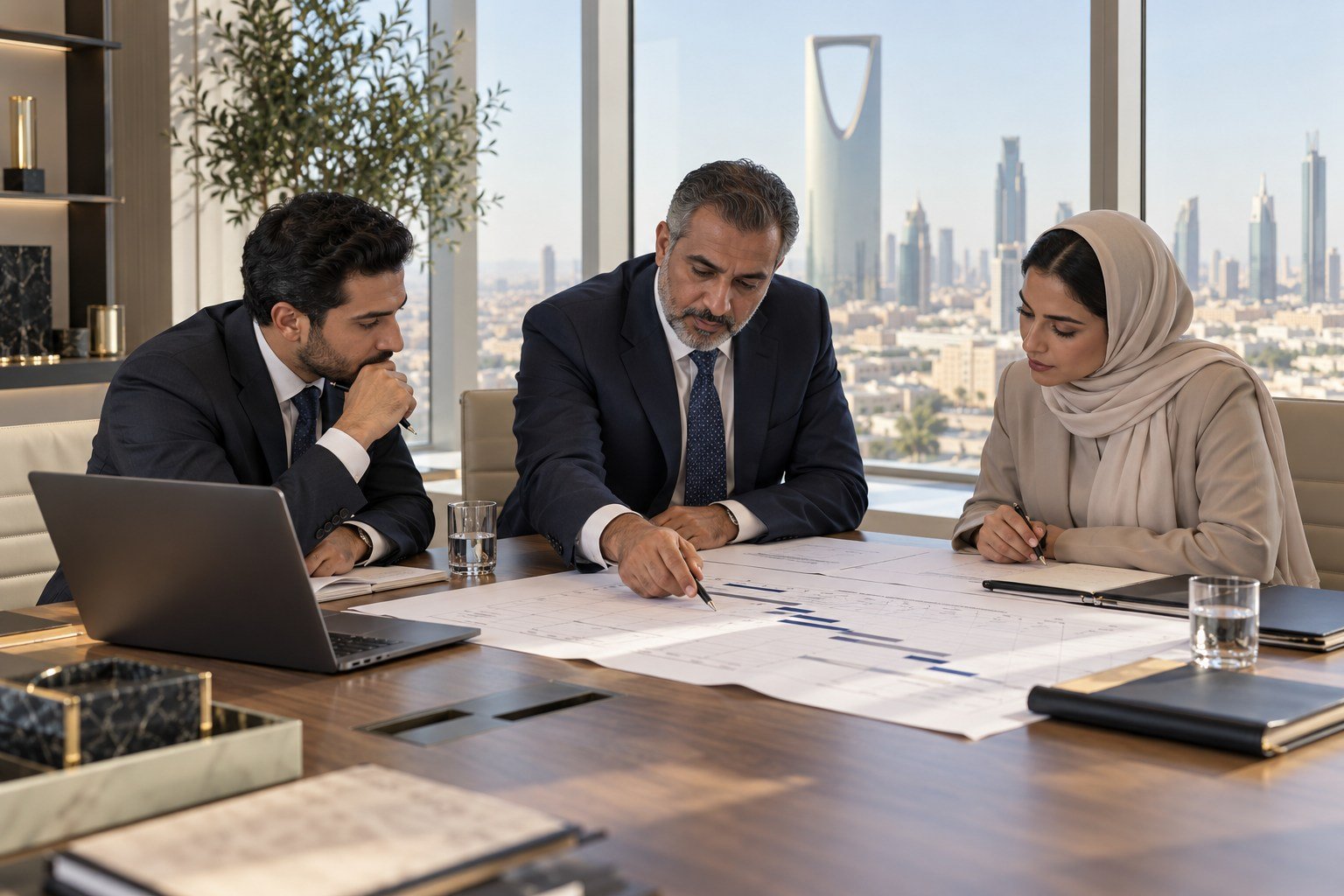 Consulting Professionals reviewing a project plan together