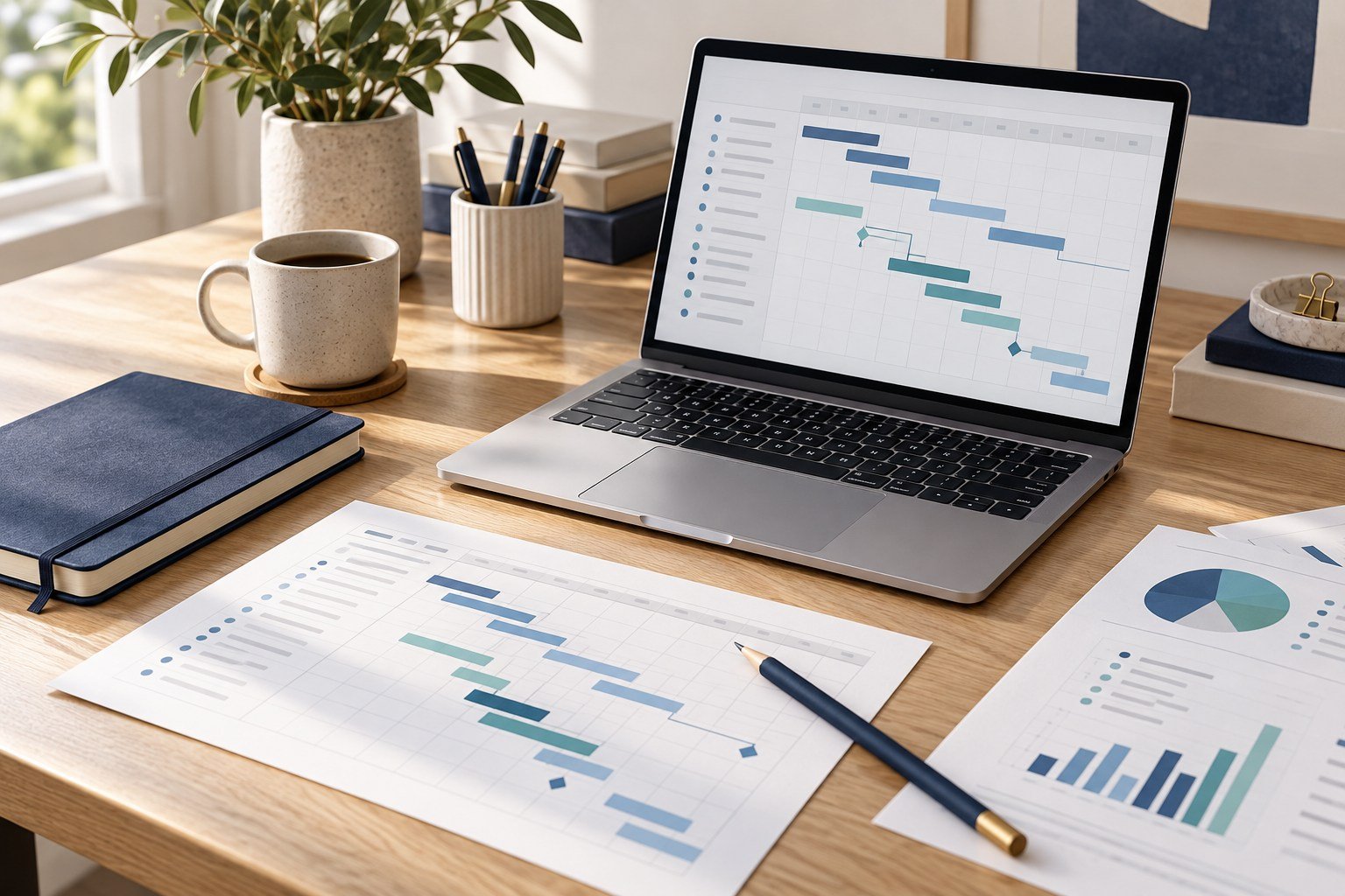 Products Organized project planning workspace with laptop and planning sheets