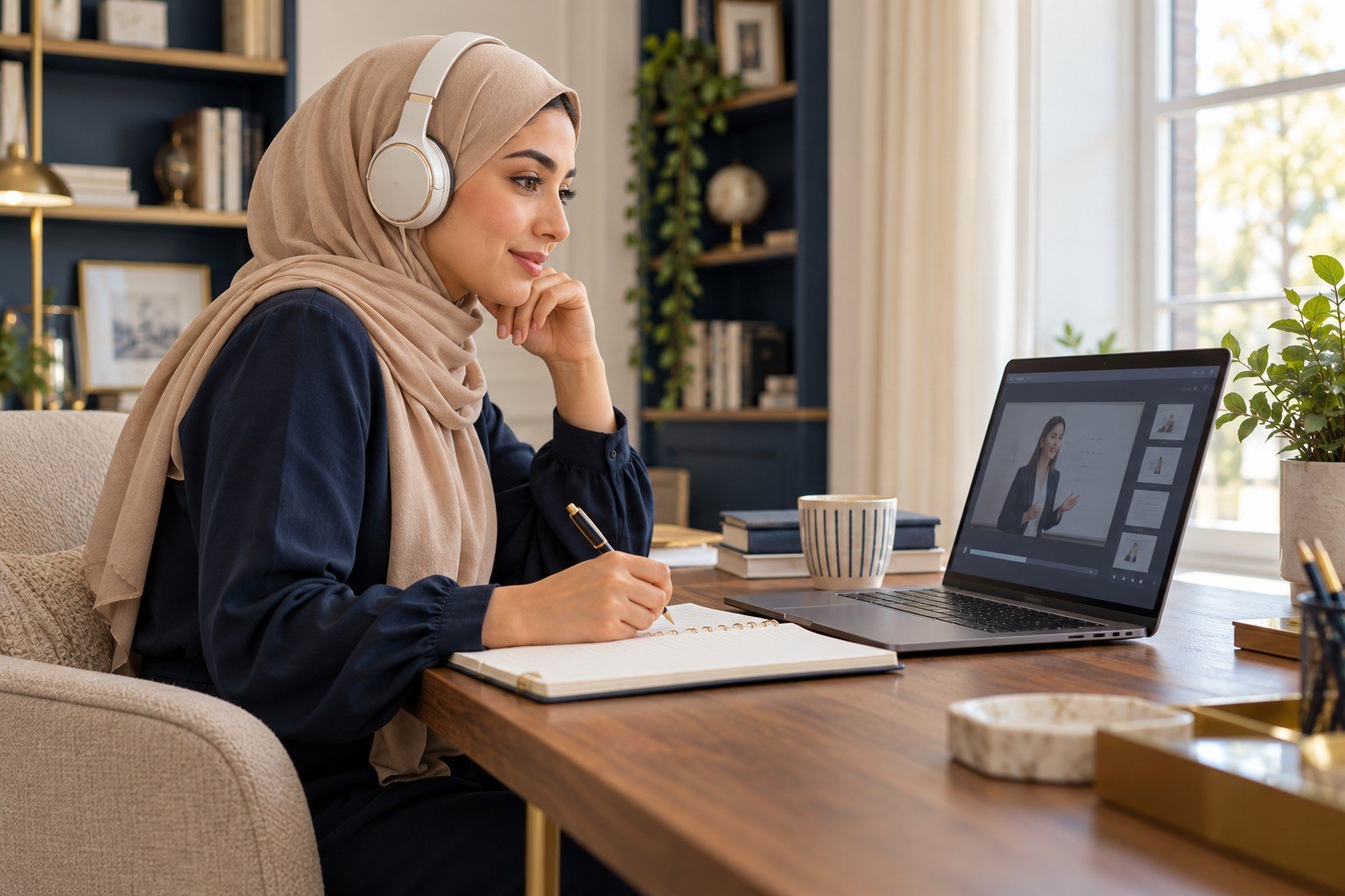 Products Professional taking an online course with headphones and a notebook